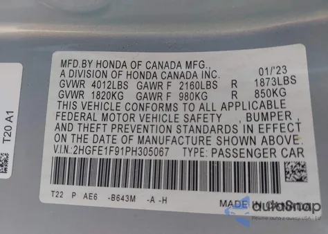 2023 Honda Civic Touring from USA, damaged, VIN 2HGFE1F91PH305067